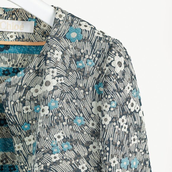 Chloe Blue and Gold Floral Brocade Boxy Cropped Jacket - Picture 4 of 7